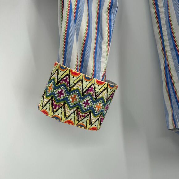 ROBERT GRAHAM Blue White Orange Stripe Embroidered Cuff Button Up Dress Shirt XL - Picture 5 of 9